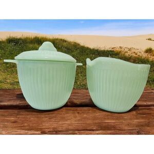 Fire King Jadeite Jane Ray Sugar Bowl with Lid and Creamer Vintage